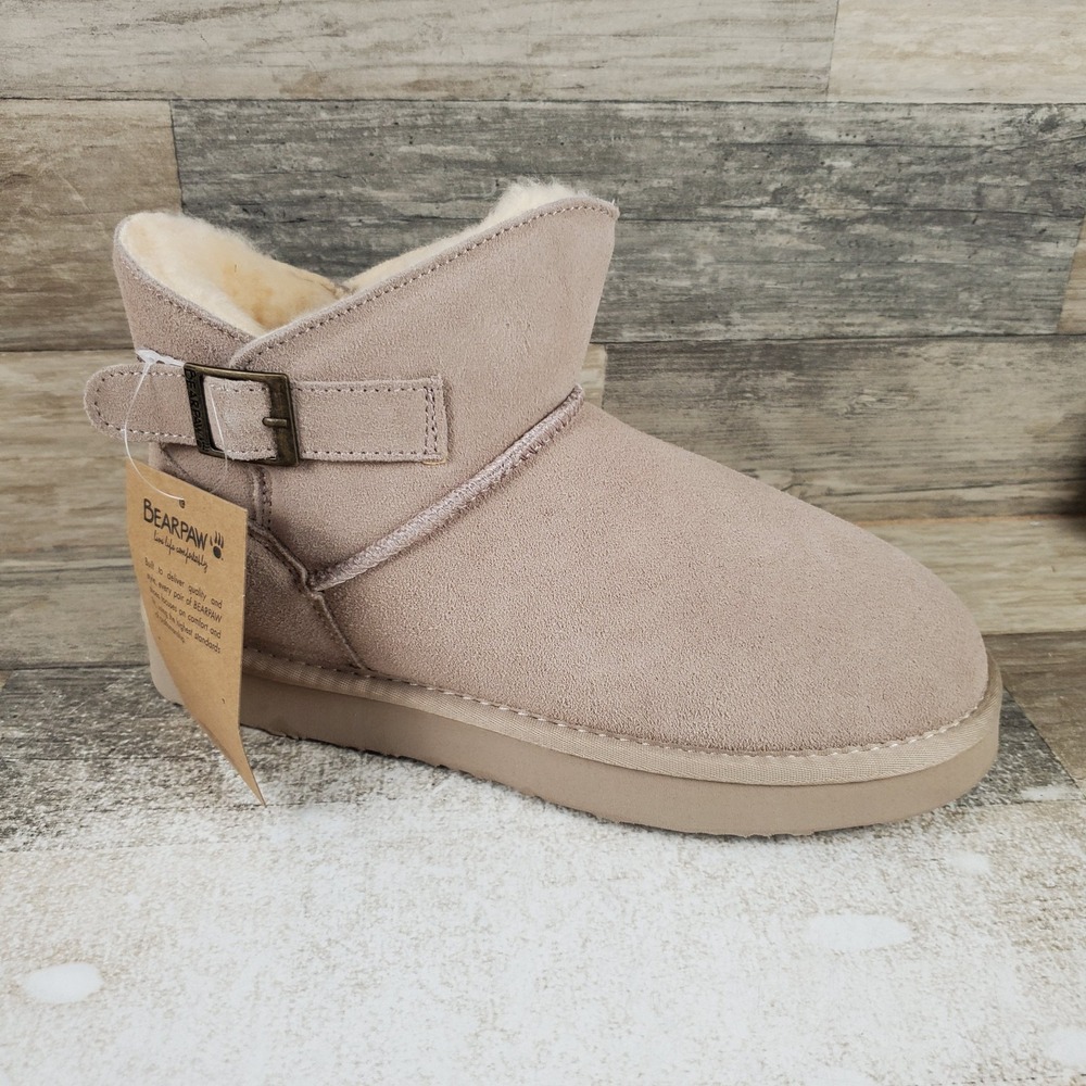Bearpaw Bette Womens Bootie Boots Sz 8 Mushroom Suede Faux Fur Mid-Top Pull On